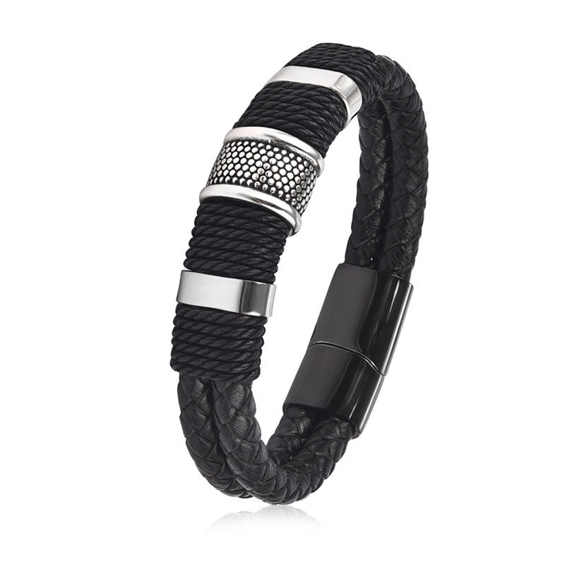 Black Braid Woven Leather Bracelet Titanium Stainless Men's Vintage