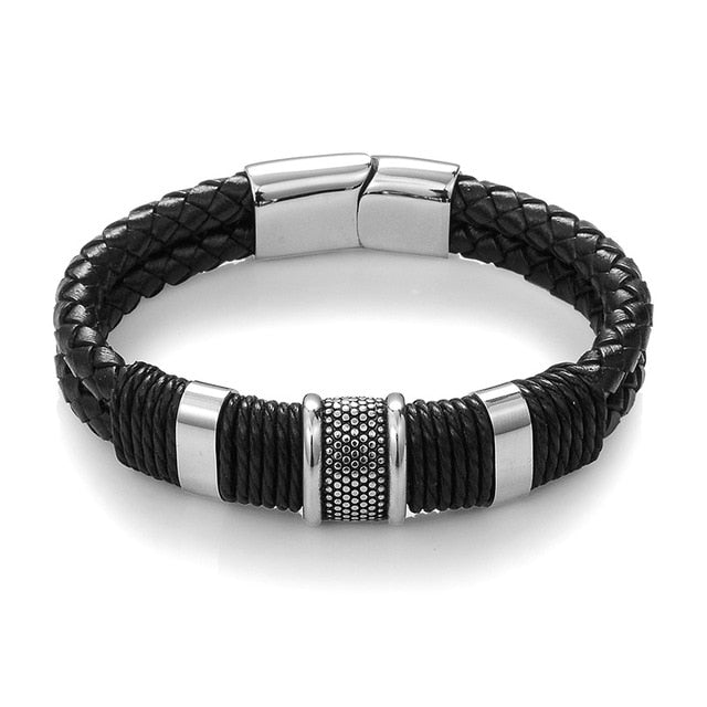 Black Braid Woven Leather Bracelet Titanium Stainless Men's Vintage