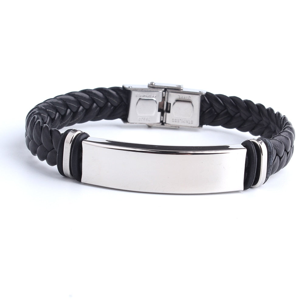Engrave Leather 316L Stainless Steel Bracelets For Men