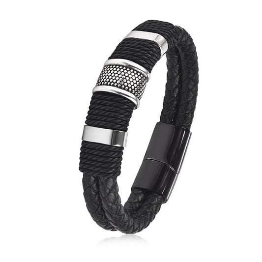 Black Braid Woven Leather Bracelet Titanium Stainless Men's Vintage